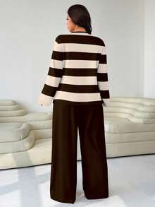 SHEIN EZwear Plus Size Women's Loose Round Neck T-Shirt And Wide Straight Leg Pants Two Pieces Set Fall - Brown - View 2