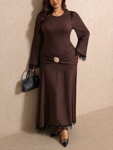 Elaquor Plus Size Women's Round Neck Puff Long Sleeve Contrast Lace Elegant Dress - Coffee Brown - View 4