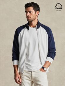 Lornavo Men's Colorblock Raglan Long Sleeve Zip-Up Casual Basic Sweatshirt Beach Vacation White And Navy - Blue and White - View 1