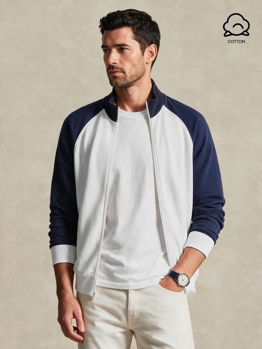 Lornavo Men's Colorblock Raglan Long Sleeve Zip-Up Casual Basic Sweatshirt Beach Vacation White And Navy - Blue and White - View 1