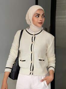 DAZY Women's Autumn/Winter Colorblock Long Sleeve Single-Breasted Knit Cardigan - Beige - View 3