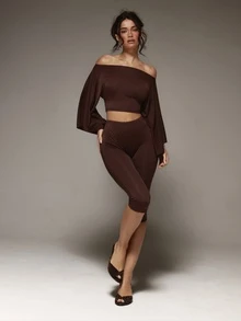 MUSERA Draped Off The Shoulder Top With Fitted Capris Two Pieces Coord Winter Fall Cute Autumn Sexy Night Out Party Going Out Low Lights - Coffee Brown - View 1