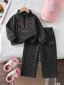 2pcs Setelan Anak Perempuan Kasual Modis Motif Leopard & Huruf Kerah Tinggi Resleting Bahan Fleece dan Celana Jogging Garis-garis Lebar, Cocok untuk Pakaian Musim Gugur/Musim Dingin - MultiWarna - View 1