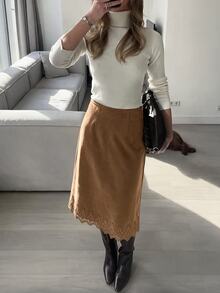 Muvela Women's Brown Suede Lace Skirt - Brown - View 5