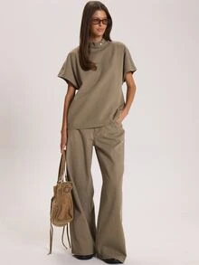 MUSERA High Neck Button Detail Loose Fit Short Sleeve Top Winter Fall Cute Everyday Coolgirl Mullburn Hill - Green - View 2
