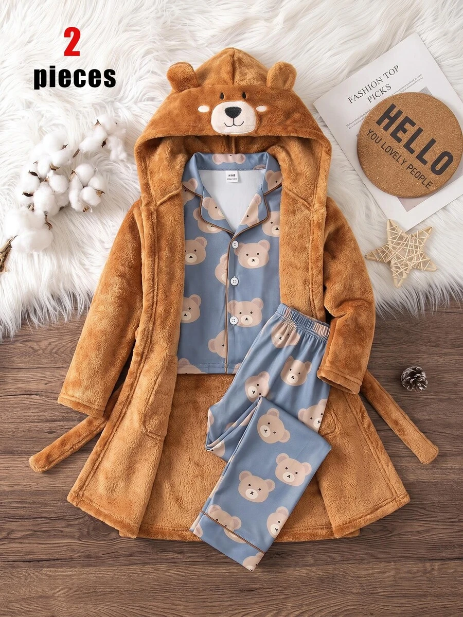Young Boy Grey Minimalist Football All Over Print Hoodie Long Sleeve Fleece Lined Robe, Home, Party, Fall Autumn/Winter Cartoon Zipper Soft Cozy Set - Brown - View 1