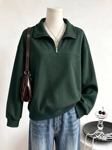 SHEIN 青少年女孩抓絨秋季休閒簡約拉鍊連帽衫，落肩設計，秋冬保暖舒適日常穿搭長袖上衣 - 墨綠色 - 查看 4