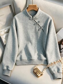 Penseblé 2026 Autumn/Winter New Chinese Style Frog Button Stand Collar Women's Sweatshirt, Drop Shoulder Asymmetrical Placket Loose Casual Versatile Pullover Top - Grey - View 3