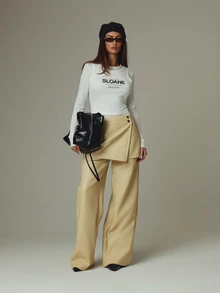 MUSERA Cream PU Leather Layered Detail Straight Leg Trouser Pants Fall Autumn Winter Casual Style Outfits - Light Yellow - View 1