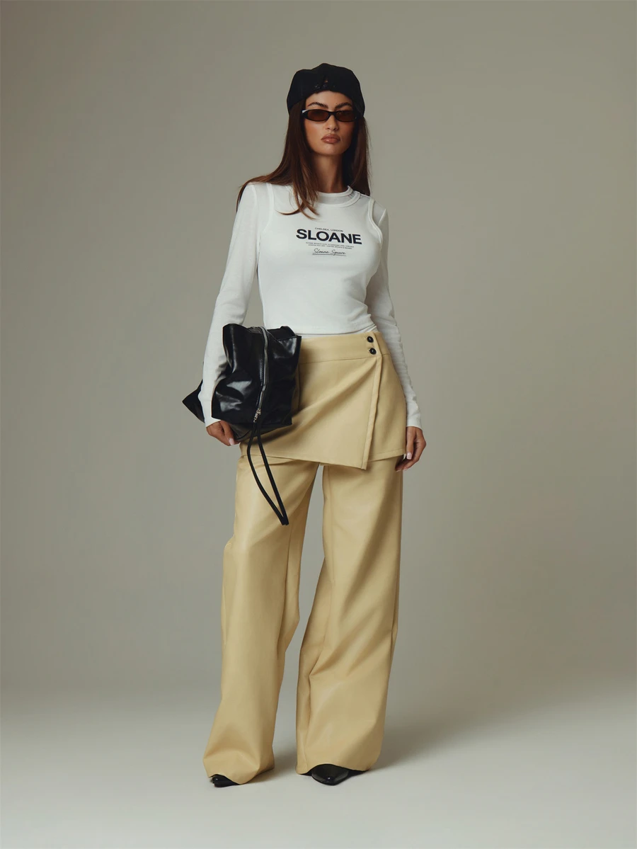 MUSERA Cream PU Leather Layered Detail Straight Leg Trouser Pants Fall Autumn Winter Casual Style Outfits - Light Yellow - View 1