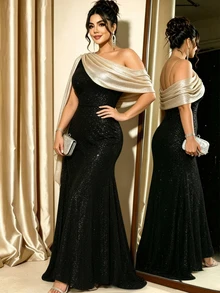 Cravure Fashionable Retro French Elegant Party Colorblock Asymmetrical Shoulder Shawl Collar Ribbon Dress - Black - View 3