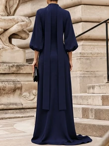 Lunelith SHEIN Lunessa Elegant Banquet Date Holiday Ribbon Design Split Hem Button Decor Women's Long Dress Spring Summer Autumn Black - Brown - View 2