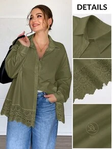 SHEIN Essnce 大尺碼百搭蕾絲拼接單排扣長袖襯衫 秋季 - 軍綠色 - 查看 7