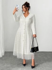 Elenzga Plus Size Single-Breasted Tassel Hem Long Sleeve Cinched Waist A-Line Dress - Beige - View 1
