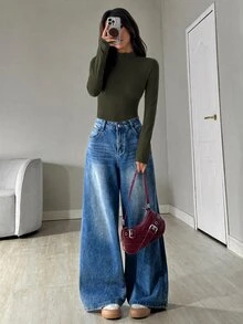 SHEIN EZwear 女款立領長袖休閒性感連身衣，黑色夏季夜生活穿搭 - 綠色 - 查看 6