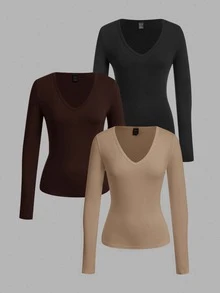SHEIN EZwear 3件組女款素色V領長袖休閒T恤 - 彩色 - 查看 1