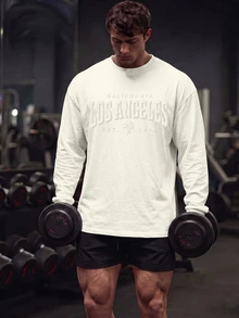 GymBeat 男士長袖T恤，圓領 LOS ANGELES 字母印花休閒日常上衣 - 彩色 - 查看 3