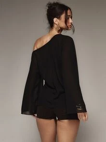 MUSERA Sheer Off The Shoulder Flowy Top Winter Fall Cute Autumn Sexy Night Out Party Going Out Low Lights - Black - View 5