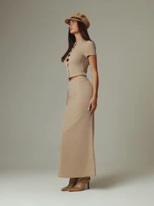 MUSERA Beige Button Down Shorts Sleeve Top And Mid Rise Maxi Length Skirt Co Ord Sold As Set Autumn Winter - Khaki - View 2
