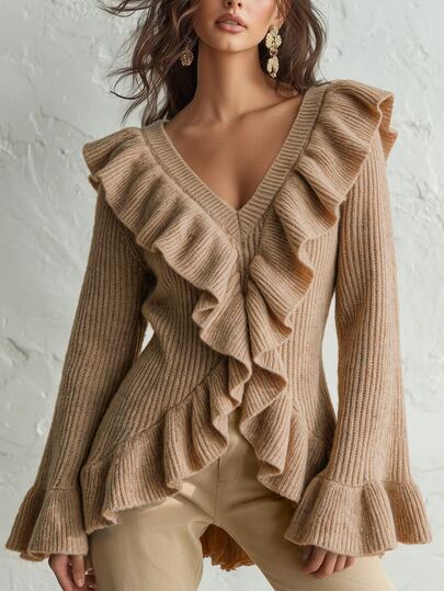 LUMIGAL Women's Chunky Ribbed V-Neck 3D Wavy Ruffle Waist Asymmetrical Fishtail Flared Hem Long Sleeve Sweater, Fall Party Date Night Camel Romantic Elegant