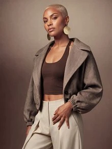 SHEIN Lunessa Women's Loose Fit Oversized Lapel Herringbone Wool Blend Commuter Coat, Autumn/Winter - Coffee Brown - View 3