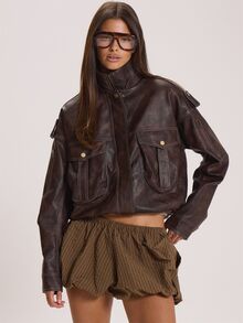 MUSERA Faux Leather Oversized Contrast Seam Detail Leather Jacket Autumn Winter Fall Cute Everyday Coolgirl Mullburn Hill - Coffee Brown - View 1