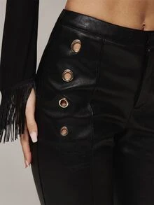 MUSERA بنطال جلد صناعي ضيق مزين بحلقات معدنية بقصة واسعة من الأسفل، شتوي خريفي لطيف وجذاب، مناسب للسهرات والحفلات والخروجات الليلية - الأسود - مشاهدة 5