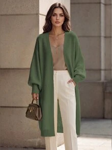 Balvessa 深V領落肩燈籠袖羅紋袖口寬鬆無鈕扣女款開襟衫 辦公室早午餐穿搭 乳白色 秋季 優雅極簡風 - 墨綠色 - 查看 4