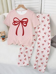 SHEIN 2件組青少年女孩蝴蝶結裝飾印花上衣與格紋短褲睡衣套裝，柔軟針織面料，舒適甜美優雅風格 - 藕粉色 - 查看 8