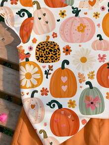1pc Young Girl Cute All Over Pumpkin Floral Leopard Flutter Sleeve Round Neck Top ,For Spring/Summer,Thanksgiving Day - Multicolor - View 3
