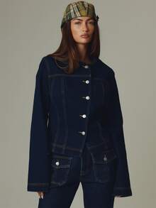 MUSERA Blue Denim Wash Asymmetric Button Down Jacket Fall Autumn Winter Casual Style Outfits - Dark Wash - View 3