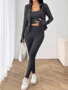 SHEIN EZwear 休閒極簡純色深灰色針織女款運動套裝，適合秋冬底層穿搭、瑜伽、跑步與運動 - 深灰色 - 查看 5