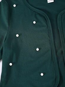 SHEIN Casuvi Kids 青少年女孩秋冬優雅珍珠開襟外套與泡泡下擺吊帶洋裝2件套裝 - 墨綠色 - 查看 7