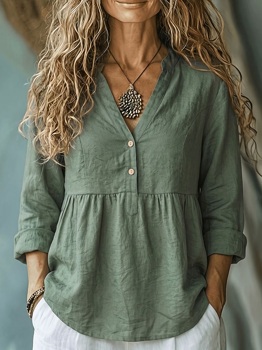 EMERY ROSE Plus Size Cinched Waist V-Neck Long Sleeve Autumn/Winter Daily Versatile Women's Blouse - Green - View 1