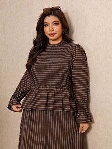 Elaquor Plus Size Women's Elegant 2 Pieces Set With Striped Ruffle Hem Blouse And Skirt Fall/Winter Elegant Office Business Work Striped Brown 2 Pieces Set - Coffee Brown - View 6