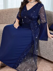 Modelyn Plus Size Women's V-Neck Mesh Patchwork Casual Daily Summer Dress - Navy Blue - View 7