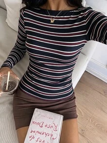 CovetEZ 女款條紋圓領長袖休閒百搭T恤 - 黑色 - 查看 4