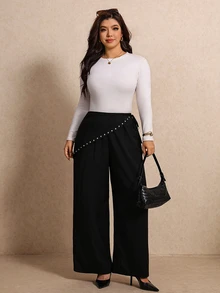 Elaquor Plus Size Women's Solid Color Casual Versatile Everyday Travel Long Pants Fall - Black - View 4