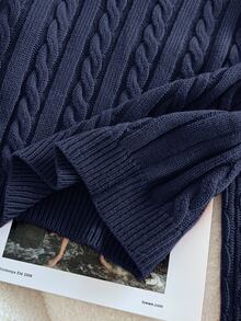 SHEIN Tween Girl Casual Solid Color Dropped Shoulder Loose Textured Knit Cropped Sweater, Autumn/Winter Kids - Blue - View 9