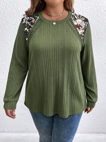 EMERY ROSE Plus Size Women's Patchwork Floral Print Crew Neck Long Sleeve Casual Sweatshirt - Army Green - View 3