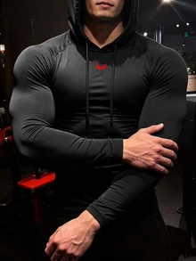 GymBeat Men's Wing Print Long Sleeve Hooded Sweatshirt - Black - View 4