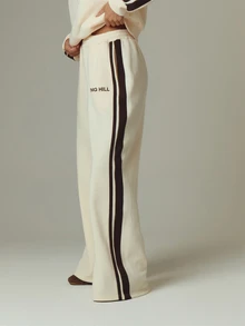 MUSERA Cream Contrast Graphic Detail Straight Leg Joggers Fall Autumn Winter Casual Style Outfits - Yellow - View 4