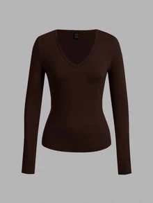 SHEIN EZwear 3件組女款素色V領長袖休閒T恤 - 彩色 - 查看 9
