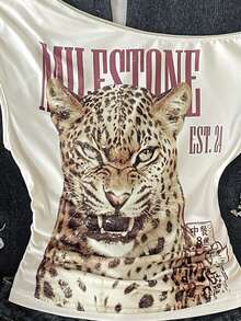 Tween Girl Fashion Leopard Kids Print Asymmetrical Shoulder Top - Khaki - View 6