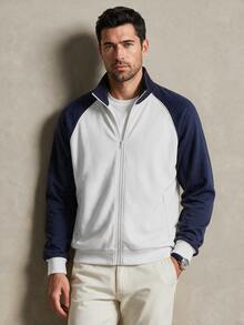 Lornavo Men's Colorblock Raglan Long Sleeve Zip-Up Casual Basic Sweatshirt Beach Vacation White And Navy - Blue and White - View 6
