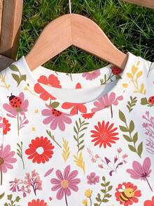 Young Girl 1 Pc Ditsy Floral Ladybug Print Ruffle Sleeve Top Summer Holiday Outfits - Pink - View 5