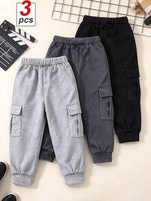 SHEIN Pojkar 3-pack cargojoggingbyxor i svart, grått och flerfärgat, lösa byxor med elastisk midja och flera fickor, för höststil och skoloutfits - Multifärgad - Visa 2