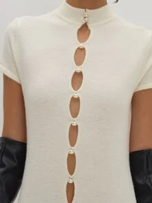 MUSEYN Cream Knit Pearl Button Front Short Sleeve Maxi Dress Versatile Evening Date Night Chic New Season Fall - White - View 6
