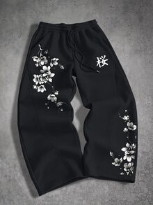 Chillumni 男士夏季灰色運動長褲，櫻花花卉日文漢字印花抽繩束口慢跑褲，寬鬆街頭風 Y2K 休閒度假健身褲 - 黑色 - 查看 1