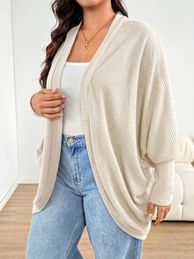 Shapeblank 大尺碼女款春秋時尚休閒寬鬆舒適日常百搭顯瘦華夫格針織黑色長袖開襟外套，秋季穿搭外穿上衣，極簡風秋季夾克 - 杏色 - 查看 4